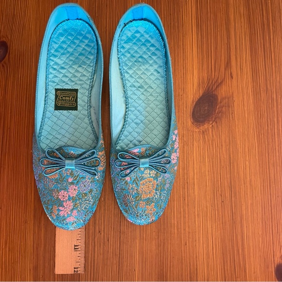 Vintage Daniel Green Teal Floral Brocade Comfy House Slippers - Size 6.5 / 7 - Picture 9 of 10